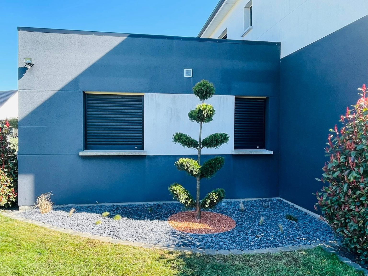 Massif minéral en ardoise et pouzzolane bordé de pavés, arbuste taillé en nuage devant une façade contemporaine