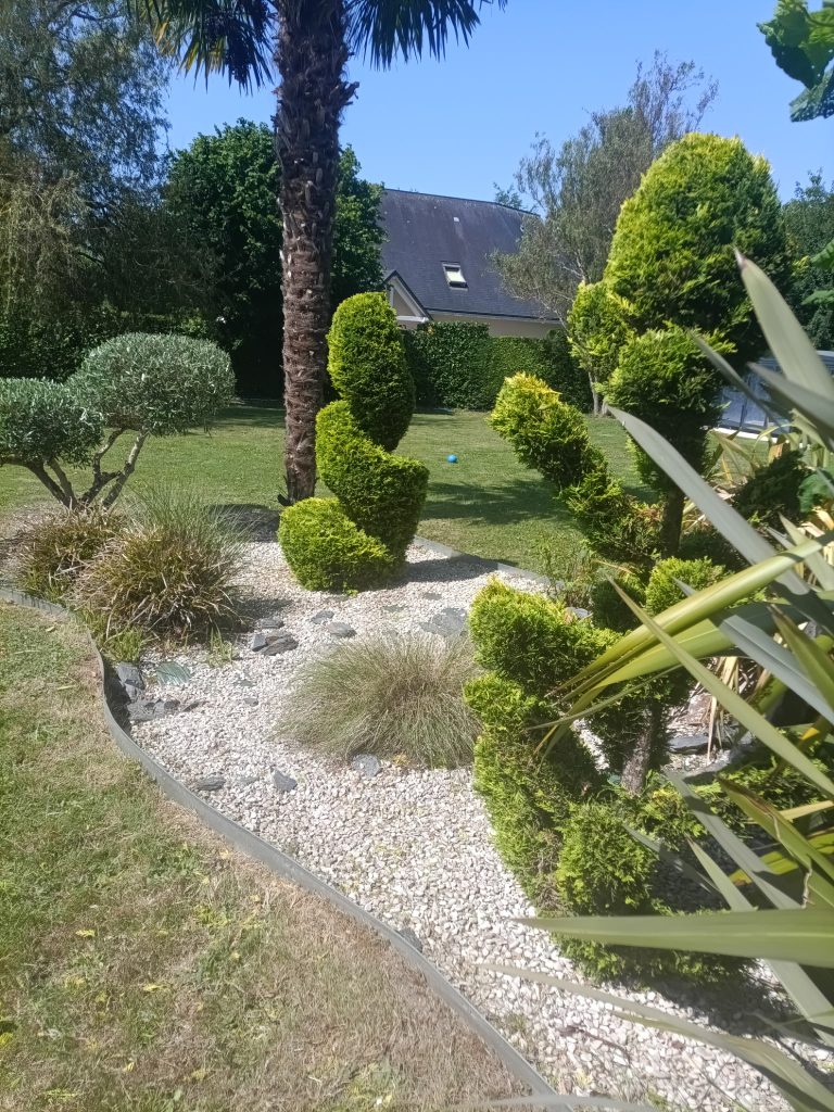Massif de graviers blancs avec topiaires en spirale et bordure nette le long de la pelouse