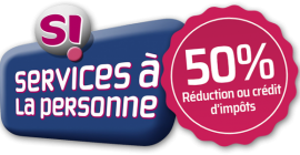 Logo Services à la personne et pastille 50 % de réduction ou crédit d’impôts